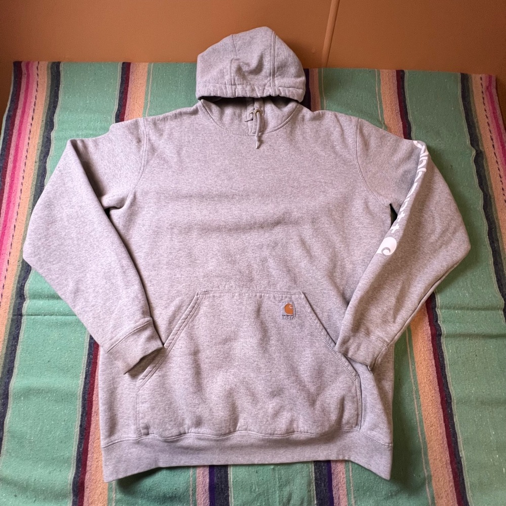 Carhartt Hoodie Mens L Tall Gray K288 Logo Sleeve Pullover Sweatshirt Workwear